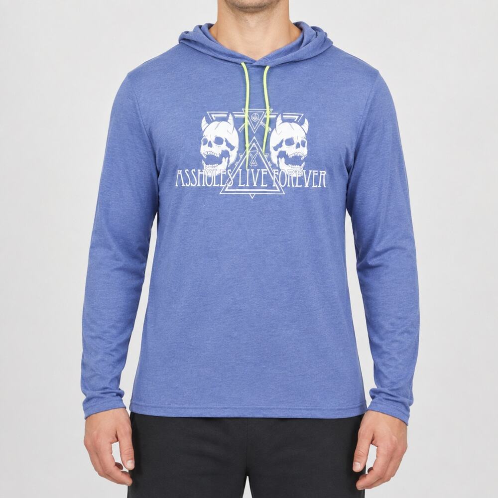 A**holes Live Forever Hoodie Mens Large Blue Skull Graphic Devil Horns Pullover